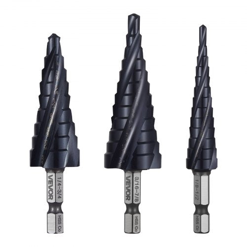 Step Drill Bit Set, 1/8 - 7/8 inch, 3 Pieces Step Drill Bits, 1/4 inch Hex Shank, TiAlN Coating Cobalt HSS High Speed Steel, for Metal, Stainless Steel, Aluminum, Wood, Plastic, Fiberglass