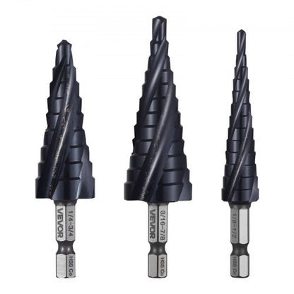 Step Drill Bit Set, 1/8 - 7/8 inch, 3 Pieces Step Drill Bits, 1/4 inch Hex Shank, TiAlN Coating Cobalt HSS High Speed Steel, for Metal, Stainless Steel, Aluminum, Wood, Plastic, Fiberglass