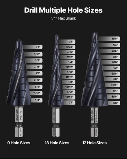 Step Drill Bit Set, 1/8 - 7/8 inch, 3 Pieces Step Drill Bits, 1/4 inch Hex Shank, TiAlN Coating Cobalt HSS High Speed Steel, for Metal, Stainless Steel, Aluminum, Wood, Plastic, Fiberglass