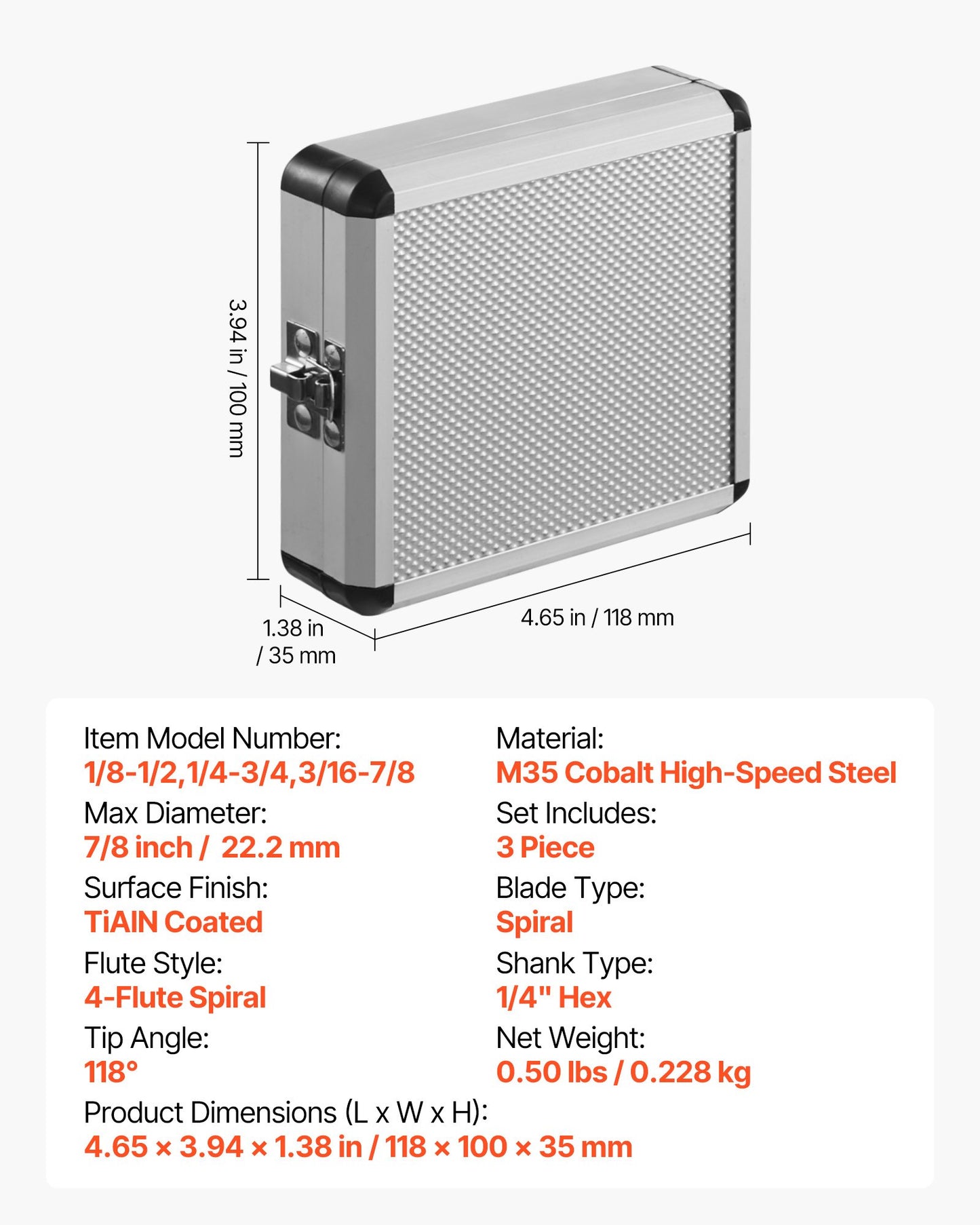 Step Drill Bit Set, 1/8 - 7/8 inch, 3 Pieces Step Drill Bits, 1/4 inch Hex Shank, TiAlN Coating Cobalt HSS High Speed Steel, for Metal, Stainless Steel, Aluminum, Wood, Plastic, Fiberglass