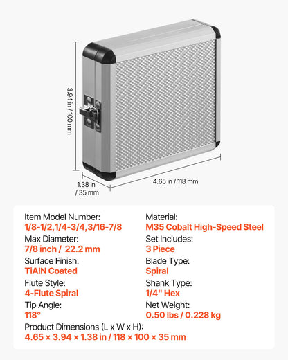 Step Drill Bit Set, 1/8 - 7/8 inch, 3 Pieces Step Drill Bits, 1/4 inch Hex Shank, TiAlN Coating Cobalt HSS High Speed Steel, for Metal, Stainless Steel, Aluminum, Wood, Plastic, Fiberglass