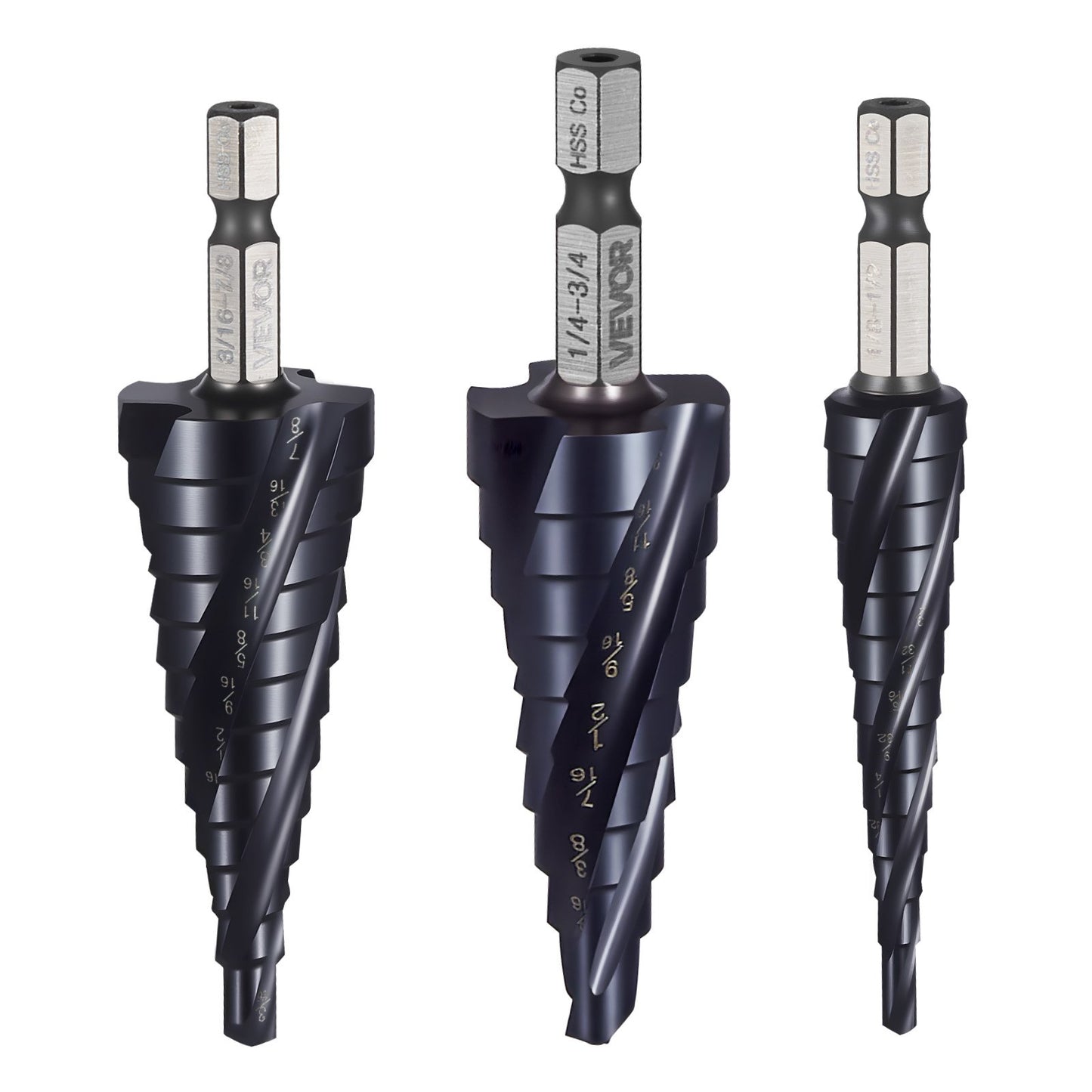 Step Drill Bit Set, 1/8 - 7/8 inch, 3 Pieces Step Drill Bits, 1/4 inch Hex Shank, TiAlN Coating Cobalt HSS High Speed Steel, for Metal, Stainless Steel, Aluminum, Wood, Plastic, Fiberglass