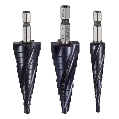 Step Drill Bit Set, 1/8 - 7/8 inch, 3 Pieces Step Drill Bits, 1/4 inch Hex Shank, TiAlN Coating Cobalt HSS High Speed Steel, for Metal, Stainless Steel, Aluminum, Wood, Plastic, Fiberglass
