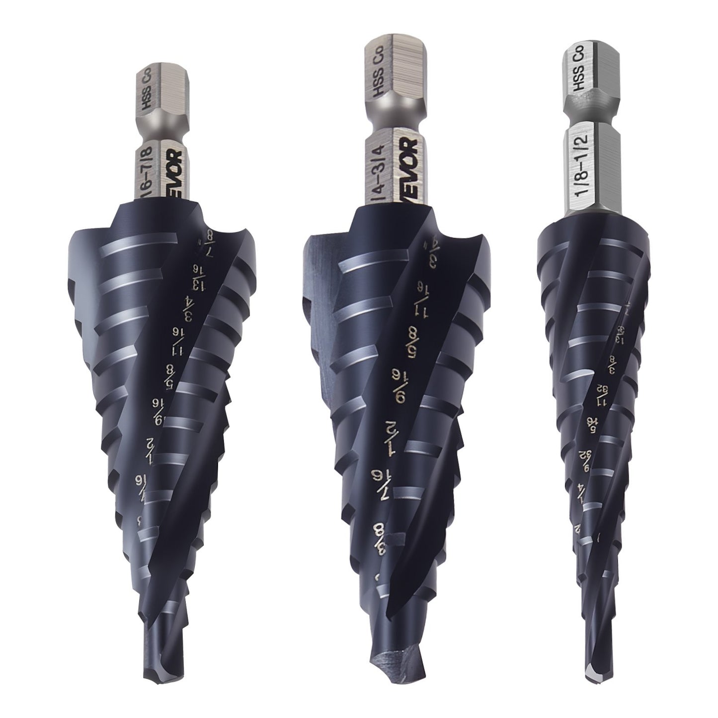 Step Drill Bit Set, 1/8 - 7/8 inch, 3 Pieces Step Drill Bits, 1/4 inch Hex Shank, TiAlN Coating Cobalt HSS High Speed Steel, for Metal, Stainless Steel, Aluminum, Wood, Plastic, Fiberglass