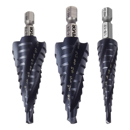 Step Drill Bit Set, 1/8 - 7/8 inch, 3 Pieces Step Drill Bits, 1/4 inch Hex Shank, TiAlN Coating Cobalt HSS High Speed Steel, for Metal, Stainless Steel, Aluminum, Wood, Plastic, Fiberglass