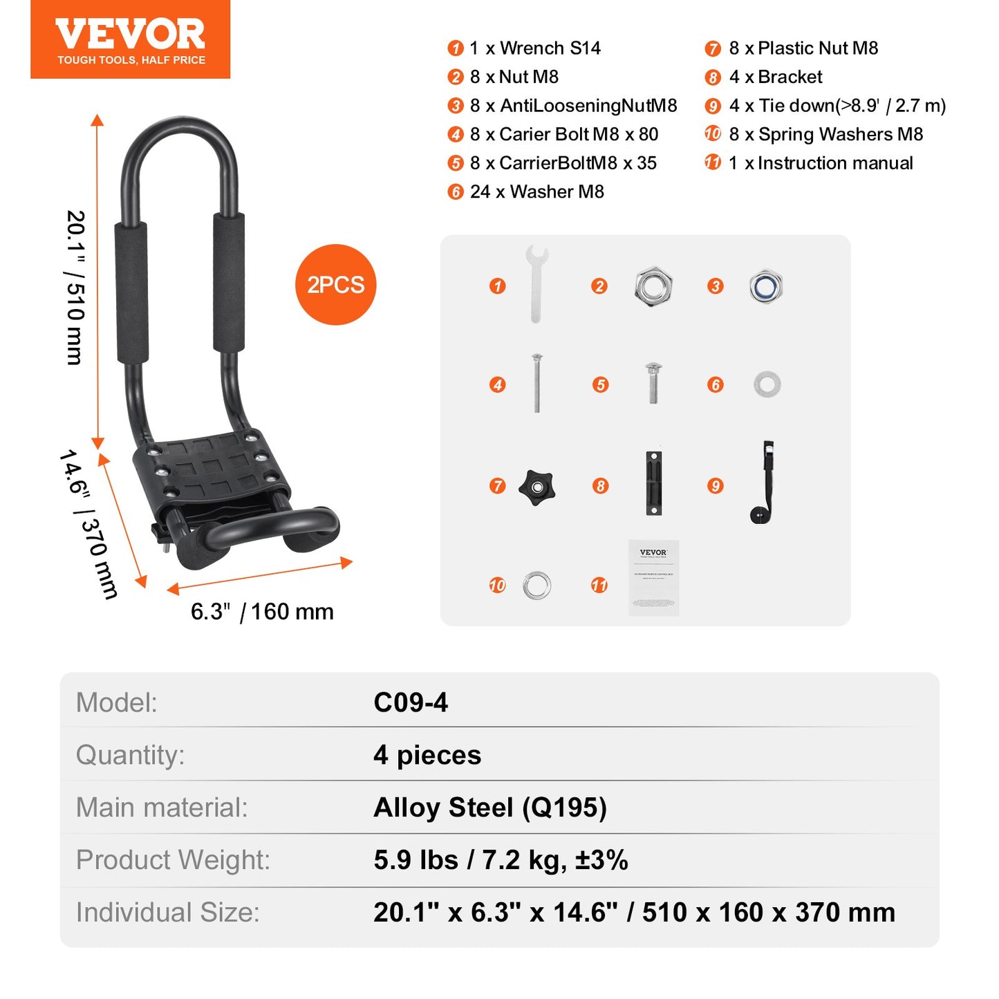 Kayak Roof Rack 2 Pairs J-Bar, Soft Roof Rack, Top Mount Tie Down, Carrier for Kayak, Surfboard, Canoe, SUP, Ski Board, Mount on Car, SUV, Truck, 2 Kayaks