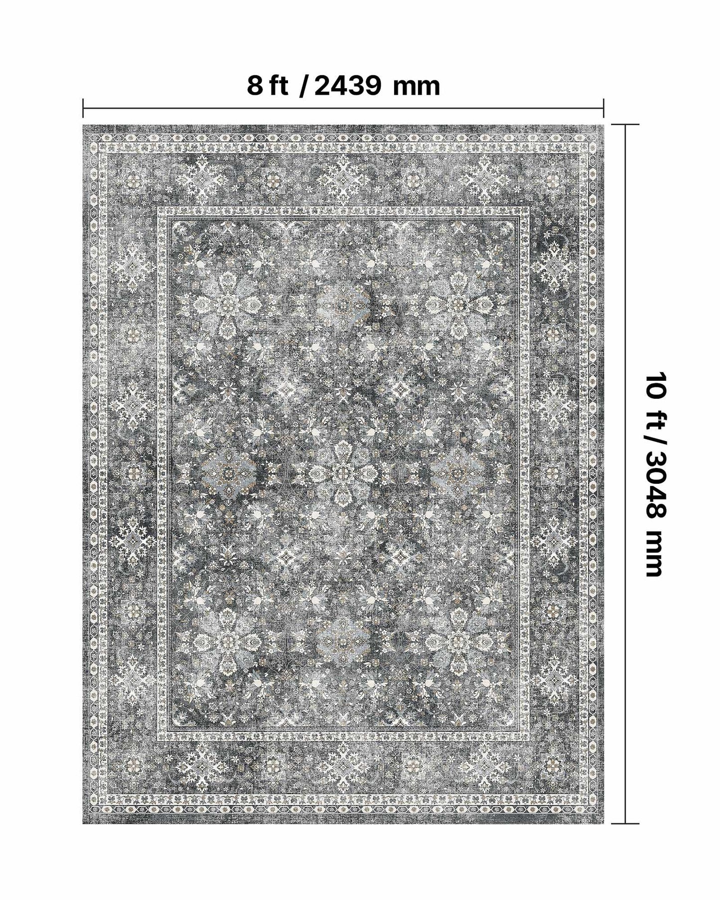 Area Rug, 8 x 10 ft Large Washable Rug, Non-Slip and Tear-Resistant Soft Carpet, Pet & Child Friendly Vintage Area Rugs, Indoor Mat for Bedroom, Living Room, Kids Room, Entryway, Office, Gray