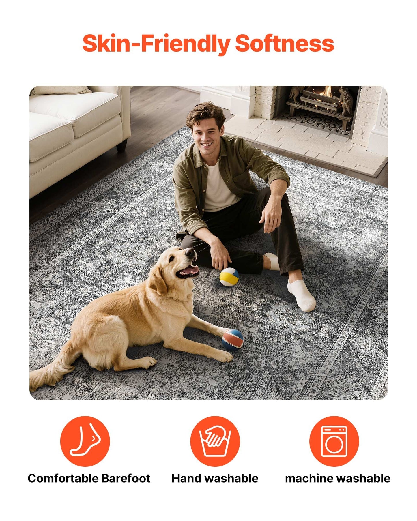 Area Rug, 8 x 10 ft Large Washable Rug, Non-Slip and Tear-Resistant Soft Carpet, Pet & Child Friendly Vintage Area Rugs, Indoor Mat for Bedroom, Living Room, Kids Room, Entryway, Office, Gray