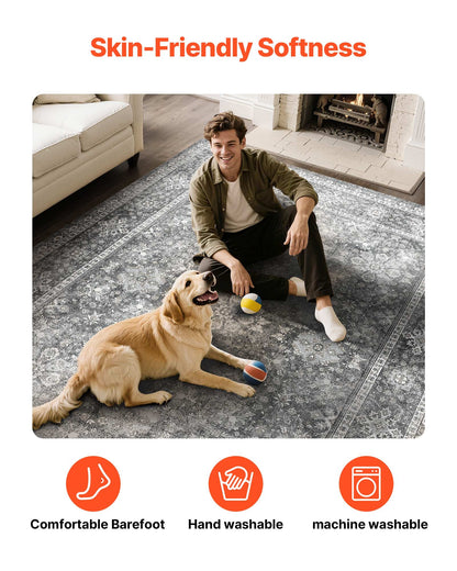 Area Rug, 8 x 10 ft Large Washable Rug, Non-Slip and Tear-Resistant Soft Carpet, Pet & Child Friendly Vintage Area Rugs, Indoor Mat for Bedroom, Living Room, Kids Room, Entryway, Office, Gray