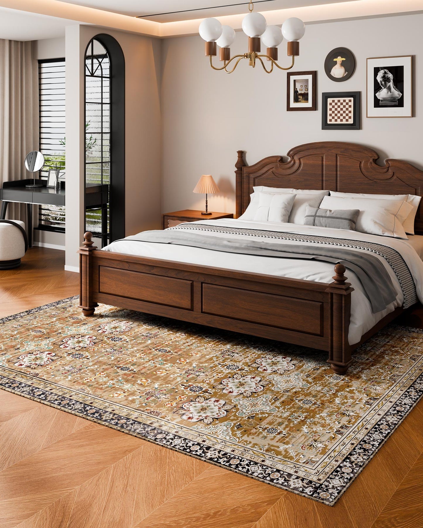 Area Rug, 8 x 10 ft Large Washable Rug, Non-Slip and Tear-Resistant Soft Carpet, Pet & Child Friendly Vintage Area Rugs, Indoor Mat for Bedroom, Living Room, Kids Room, Office, Brown Green