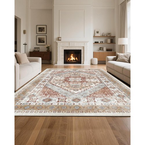 Stor yta 2,4 x 3,4 m halkfri inomhusmatta vintage brun röd