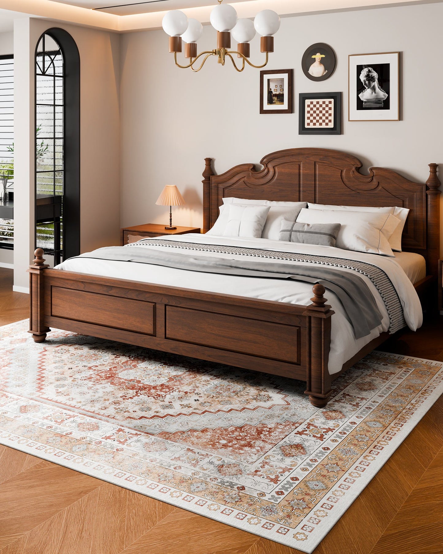 Area Rug, 8 x 10 ft Large Washable Rug, Non-Slip and Tear-Resistant Soft Carpet, Pet & Child Friendly Vintage Area Rugs, Indoor Mat for Bedroom, Living Room, Kids Room, Office, Brown Red