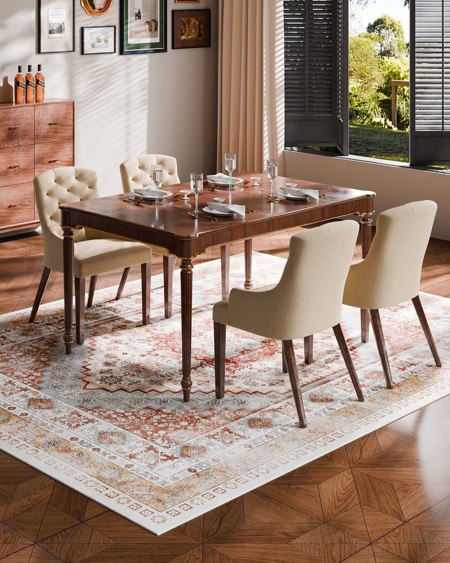 Area Rug, 8 x 10 ft Large Washable Rug, Non-Slip and Tear-Resistant Soft Carpet, Pet & Child Friendly Vintage Area Rugs, Indoor Mat for Bedroom, Living Room, Kids Room, Office, Brown Red