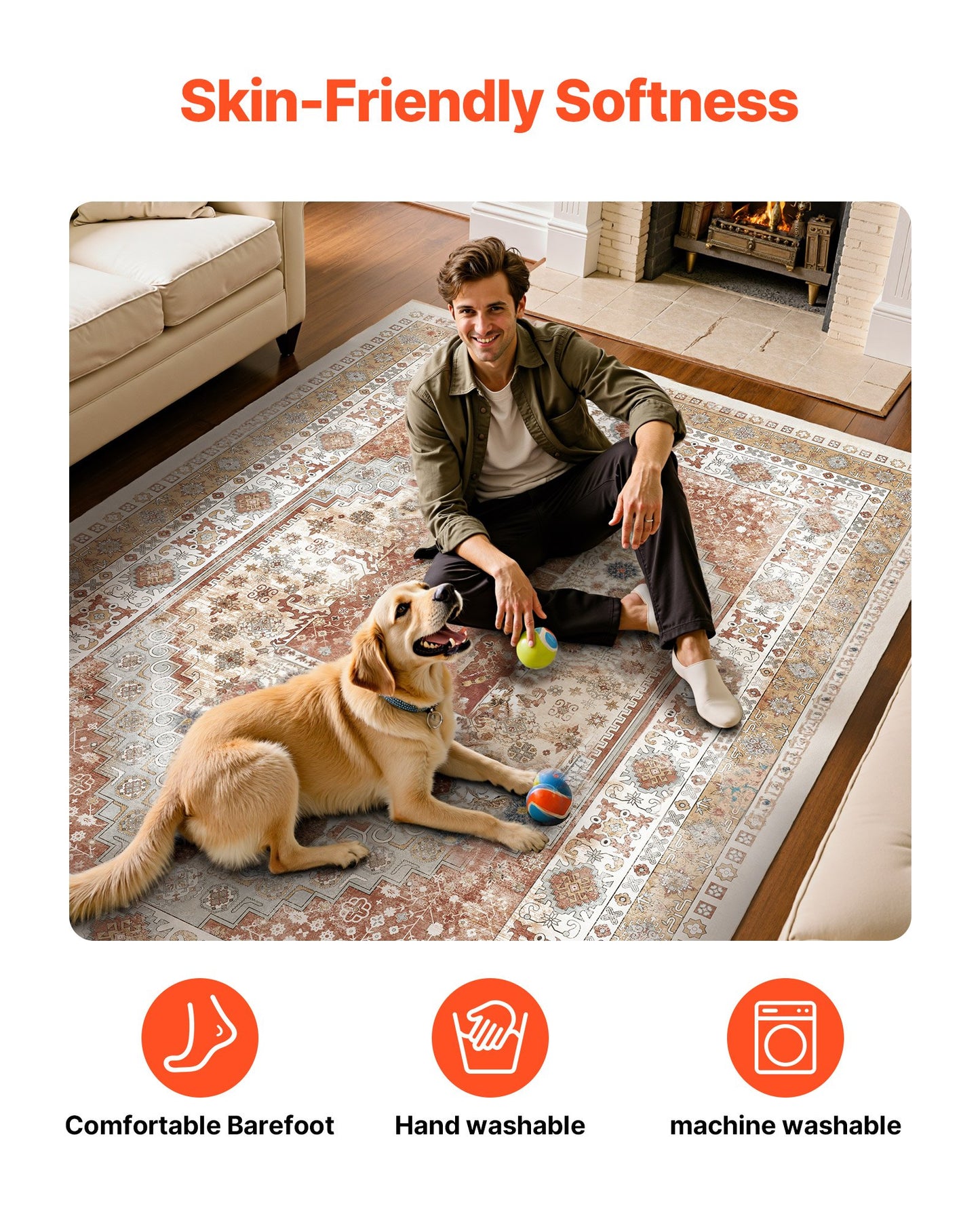 Area Rug, 8 x 10 ft Large Washable Rug, Non-Slip and Tear-Resistant Soft Carpet, Pet & Child Friendly Vintage Area Rugs, Indoor Mat for Bedroom, Living Room, Kids Room, Office, Brown Red