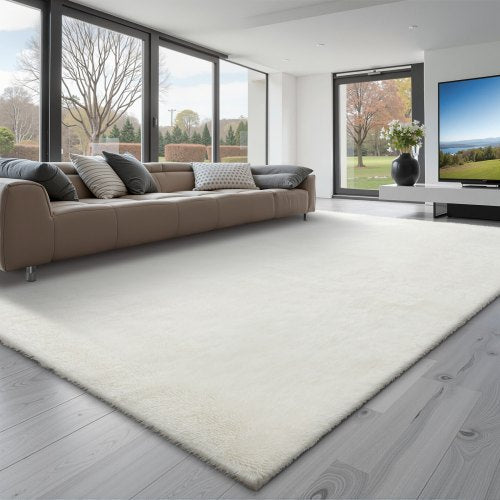 Indoor Plush Area Rugs, 8 x 10 ft Soft Plush Carpet, Furry Shag Area Rugs for Living Room, Bedroom, Sunroom, Modern Home Decor Aesthetic, Non-Shedding, Non-Woven, Slip-Resistant, Ivory White