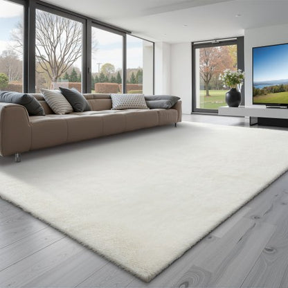 Indoor Plush Area Rugs, 8 x 10 ft Soft Plush Carpet, Furry Shag Area Rugs for Living Room, Bedroom, Sunroom, Modern Home Decor Aesthetic, Non-Shedding, Non-Woven, Slip-Resistant, Ivory White