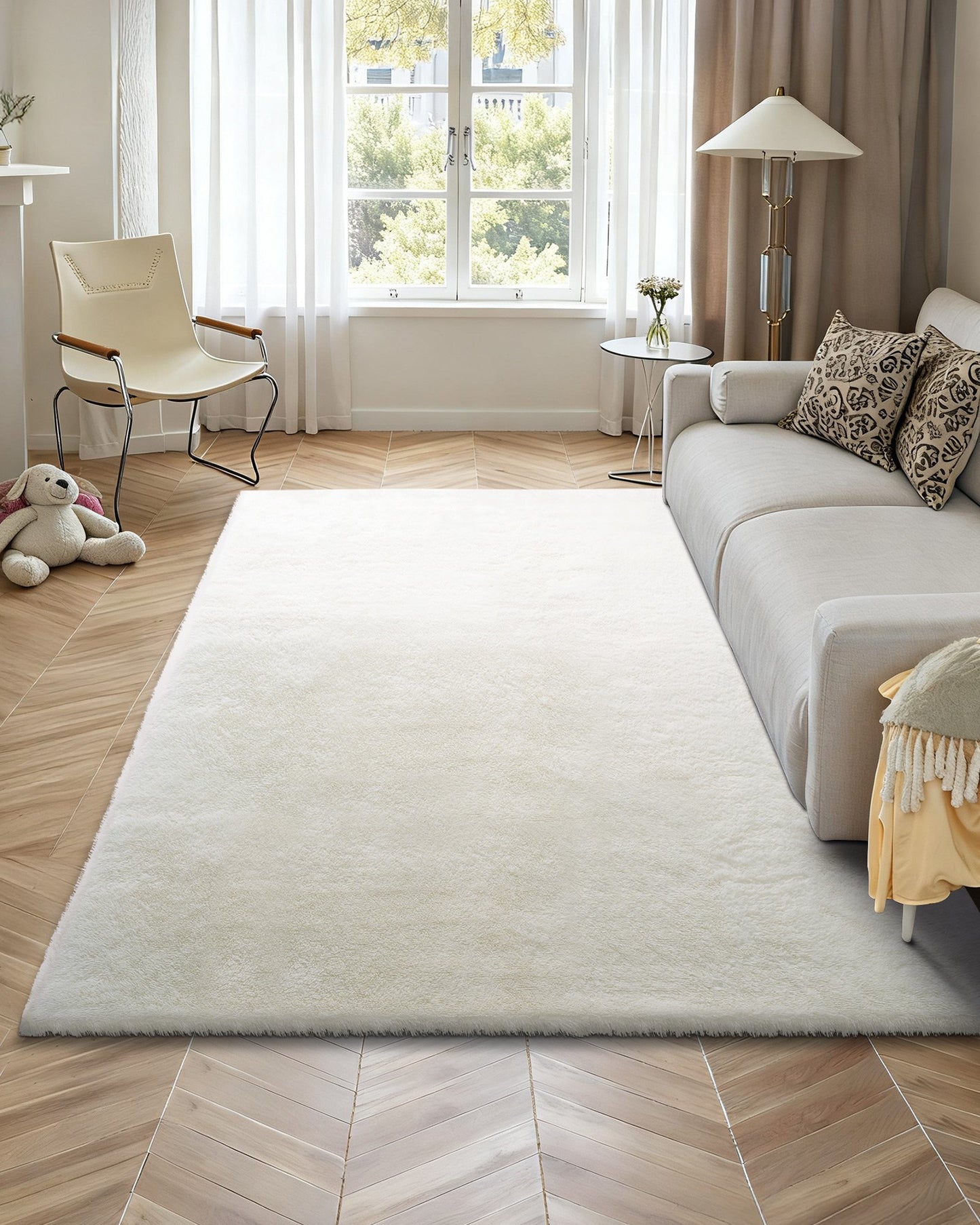 Indoor Plush Area Rugs, 8 x 10 ft Soft Plush Carpet, Furry Shag Area Rugs for Living Room, Bedroom, Sunroom, Modern Home Decor Aesthetic, Non-Shedding, Non-Woven, Slip-Resistant, Ivory White