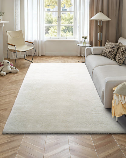 Indoor Plush Area Rugs, 8 x 10 ft Soft Plush Carpet, Furry Shag Area Rugs for Living Room, Bedroom, Sunroom, Modern Home Decor Aesthetic, Non-Shedding, Non-Woven, Slip-Resistant, Ivory White