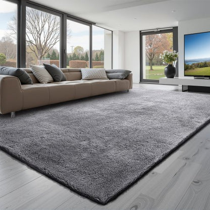 Indoor Plush Area Rugs, 8 x 10 ft Soft Plush Carpet, Furry Shag Area Rugs for Living Room, Bedroom, Sunroom, Modern Home Decor Aesthetic, Non-Shedding, Non-Woven, Slip-Resistant, Smoke Gray