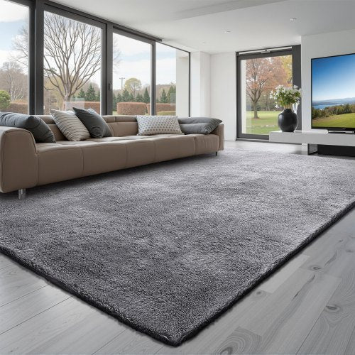 Indoor Plush Area Rugs, 8 x 10 ft Soft Plush Carpet, Furry Shag Area Rugs for Living Room, Bedroom, Sunroom, Modern Home Decor Aesthetic, Non-Shedding, Non-Woven, Slip-Resistant, Smoke Gray