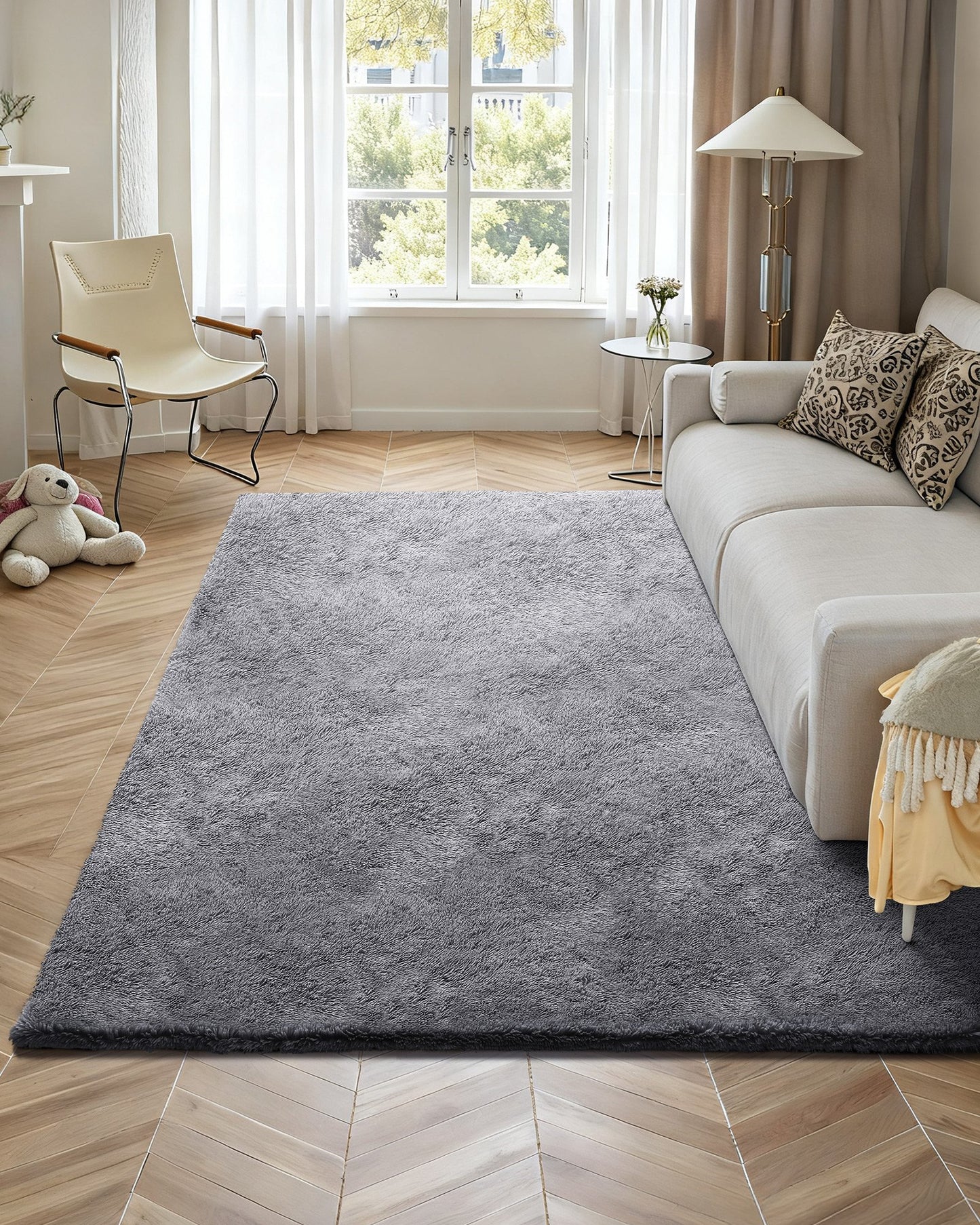 Indoor Plush Area Rugs, 8 x 10 ft Soft Plush Carpet, Furry Shag Area Rugs for Living Room, Bedroom, Sunroom, Modern Home Decor Aesthetic, Non-Shedding, Non-Woven, Slip-Resistant, Smoke Gray