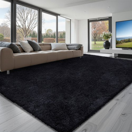 Indoor Plush Area Rugs, 8 x 10 ft Soft Plush Carpet, Furry Shag Area Rugs for Living Room, Bedroom, Sunroom, Modern Home Decor Aesthetic, Non-Shedding, Non-Woven, Slip-Resistant, Black