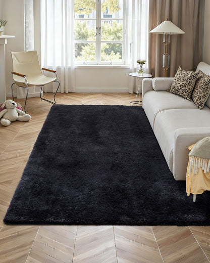 Indoor Plush Area Rugs, 8 x 10 ft Soft Plush Carpet, Furry Shag Area Rugs for Living Room, Bedroom, Sunroom, Modern Home Decor Aesthetic, Non-Shedding, Non-Woven, Slip-Resistant, Black