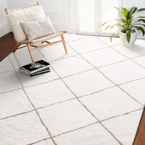 Indoor Plush Area Rugs, 8 x 10 ft Plush Carpet, Area Rugs Furry with Long Plushs Pile, Thick & Durable High-Pile Rug for High-Traffic Areas, Bedroom, Non-Shedding & Non-Slip Backing, Beige