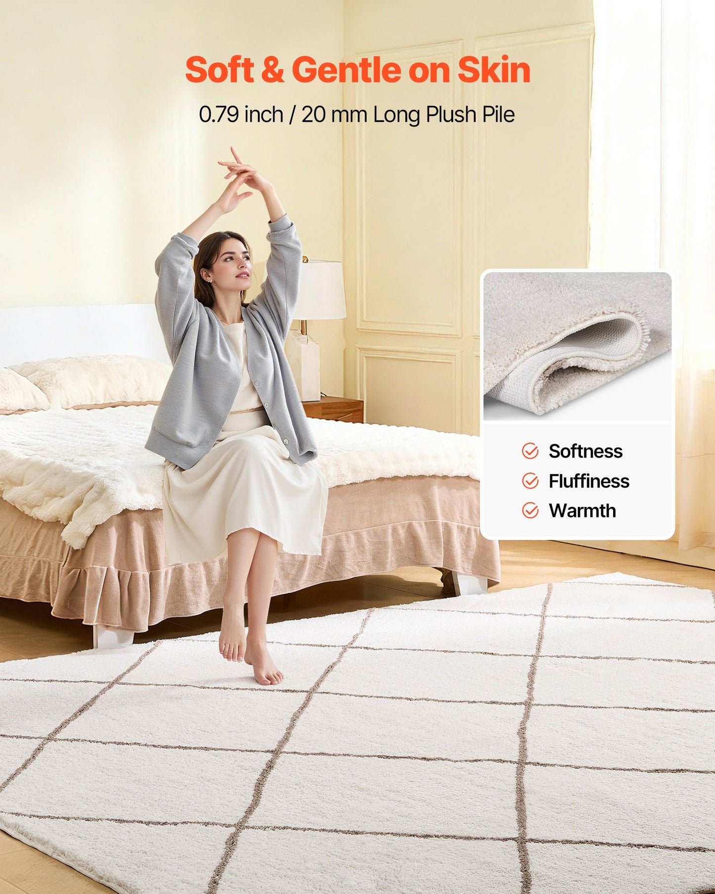 Indoor Plush Area Rugs, 8 x 10 ft Plush Carpet, Area Rugs Furry with Long Plushs Pile, Thick & Durable High-Pile Rug for High-Traffic Areas, Bedroom, Non-Shedding & Non-Slip Backing, Beige