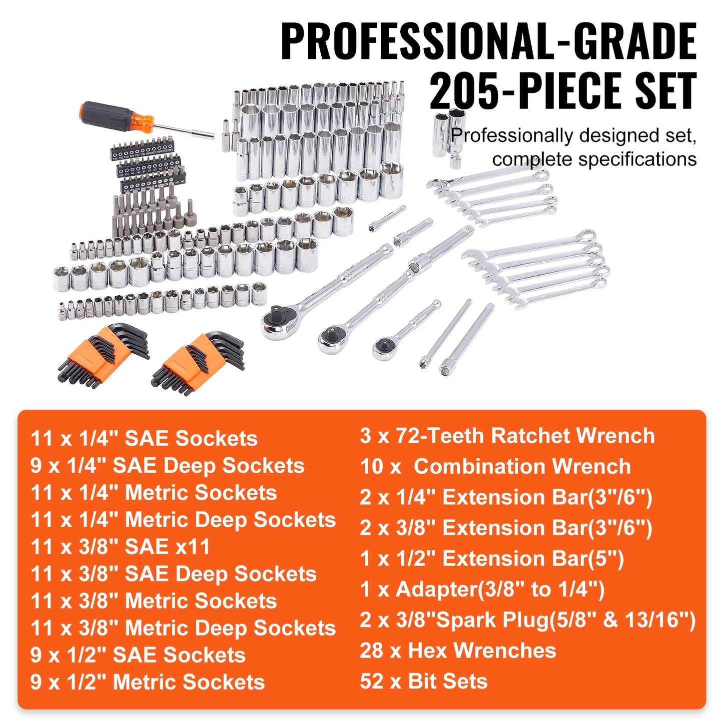 Mechanics Tool Set and Socket Set, 1/4" 3/8" 1/2" Drive Deep and Standard Sockets, 205 Pcs SAE and Metric Mechanic Tool Kit with Bits, Combination Wrench, Hex Wrenches, Accessories, Storage Case