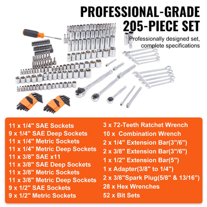Mechanics Tool Set and Socket Set, 1/4" 3/8" 1/2" Drive Deep and Standard Sockets, 205 Pcs SAE and Metric Mechanic Tool Kit with Bits, Combination Wrench, Hex Wrenches, Accessories, Storage Case