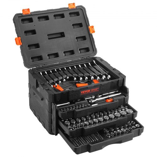 Mechanics Tool Set and Socket Set, 1/4" 3/8" 1/2" Drive Deep and Standard Sockets, 450 Pcs SAE and Metric Mechanic Tool Kit with Bits, Hex Wrenches, Combination Wrench, Accessories, Storage Case