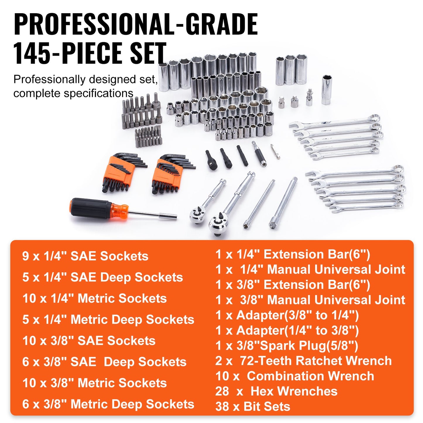Mechanics Tool Set and Socket Set, 1/4" and 3/8" Drive Deep and Standard Sockets, 145 Pcs SAE and Metric Mechanic Tool Kit with Bits, Combination Wrench, Hex Wrenches, Accessories, Storage Case