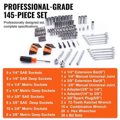 Mechanics Tool Set and Socket Set, 1/4" and 3/8" Drive Deep and Standard Sockets, 145 Pcs SAE and Metric Mechanic Tool Kit with Bits, Combination Wrench, Hex Wrenches, Accessories, Storage Case