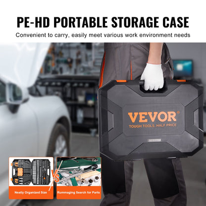 Mechanics Tool Set and Socket Set, 1/4" and 3/8" Drive Deep and Standard Sockets, 145 Pcs SAE and Metric Mechanic Tool Kit with Bits, Combination Wrench, Hex Wrenches, Accessories, Storage Case