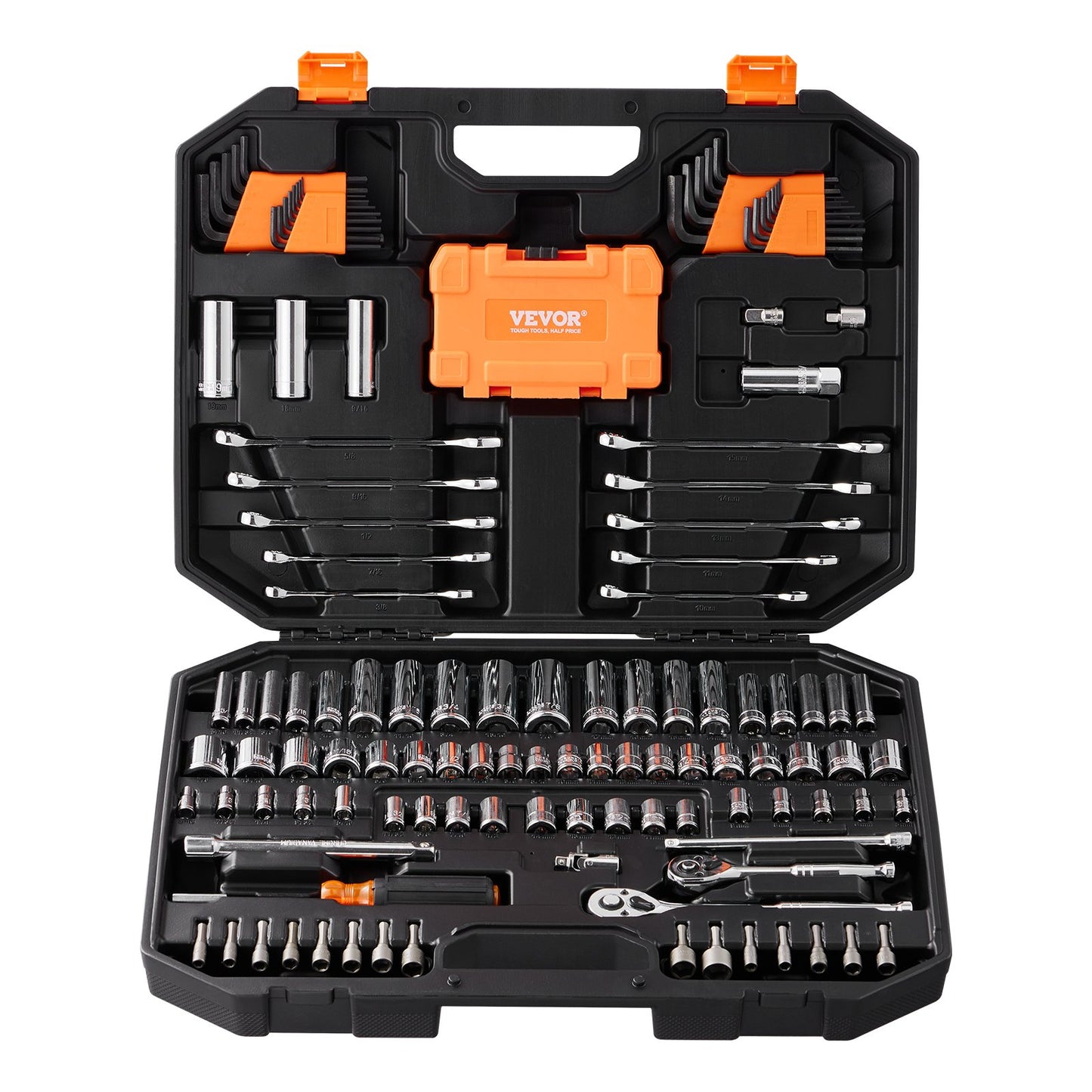 Mechanics Tool Set and Socket Set, 1/4" and 3/8" Drive Deep and Standard Sockets, 145 Pcs SAE and Metric Mechanic Tool Kit with Bits, Combination Wrench, Hex Wrenches, Accessories, Storage Case