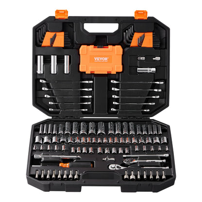 Mechanics Tool Set and Socket Set, 1/4" and 3/8" Drive Deep and Standard Sockets, 145 Pcs SAE and Metric Mechanic Tool Kit with Bits, Combination Wrench, Hex Wrenches, Accessories, Storage Case