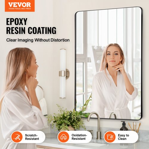 Wall Mounted Makeup Mirror, 0.15" Thick, 24" x 36" Mirror with Aluminium Alloy Frame & Explosion-Proof Film, Scratch-Resistant Mirror with Z-Shaped Bracket, Fit for Bathroom/Bedroom/Living Room