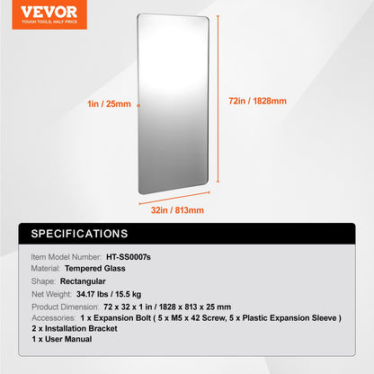 Wall Mounted Makeup Mirror, 0.15" Thick, 32" x 72" Mirror with Aluminium Alloy Frame & Explosion-Proof Film, Scratch-Resistant Mirror with Z-Shaped Bracket, Fit for Bathroom/Bedroom/Living Room