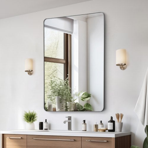 Wall Mounted Makeup Mirror, 0.15" Thick, 36" x 48" Mirror with Aluminium Alloy Frame & Explosion-Proof Film, Scratch-Resistant Mirror with Z-Shaped Bracket, Fit for Bathroom/Bedroom/Living Room