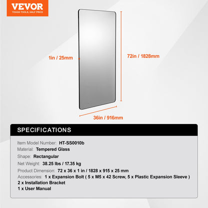 Quadratischer Wandspiegel, 91,4 x 182,9 cm, mit Rahmen aus Aluminiumlegierung