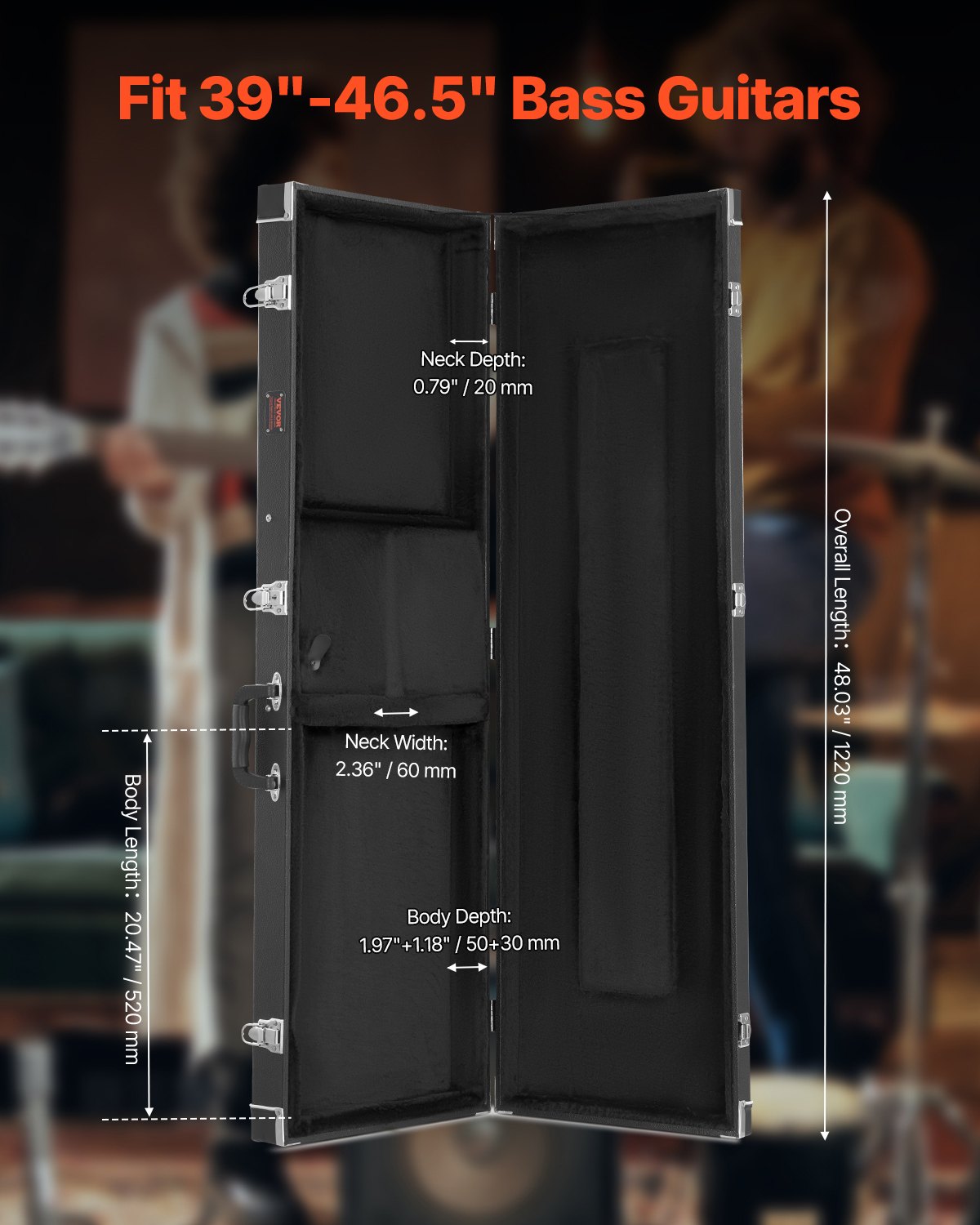 Basgitarr hårt fodral 48.03in vattentätt med lås och nyckel för basgitarr