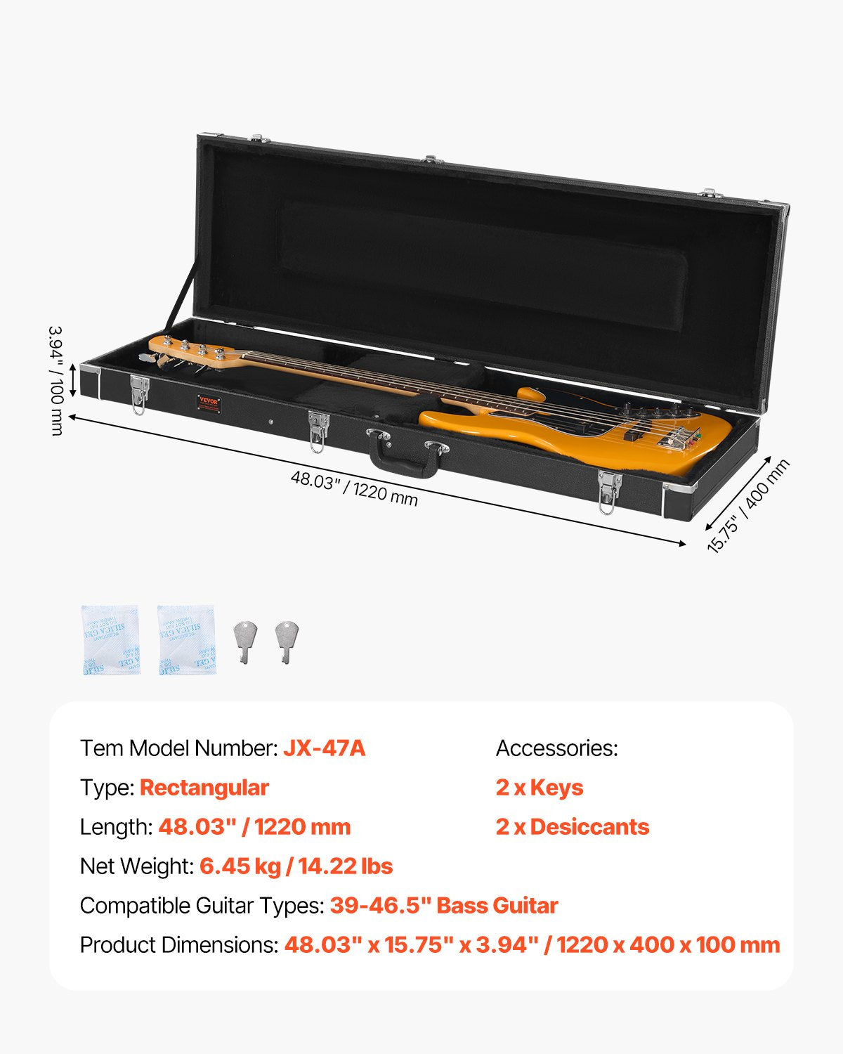 Basgitarr hårt fodral 48.03in vattentätt med lås och nyckel för basgitarr