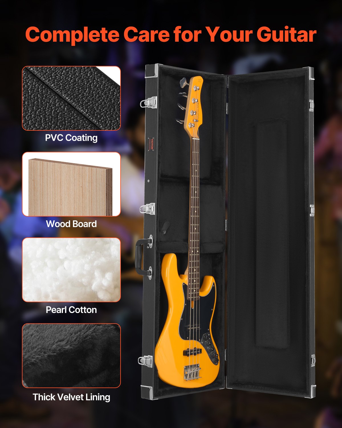 Bass Guitar Hard Case, 48.03 in Rectangular Guitar Hard Case, With Lock Latch Keys Handle, PVC Padding Soft Lining Water-Resistant Hard Shell Guitar Cases, for 39-46.5 in Bass Guitars, Black