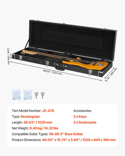 Bass Guitar Hard Case, 48.03 in Rectangular Guitar Hard Case, With Lock Latch Keys Handle, PVC Padding Soft Lining Water-Resistant Hard Shell Guitar Cases, for 39-46.5 in Bass Guitars, Black