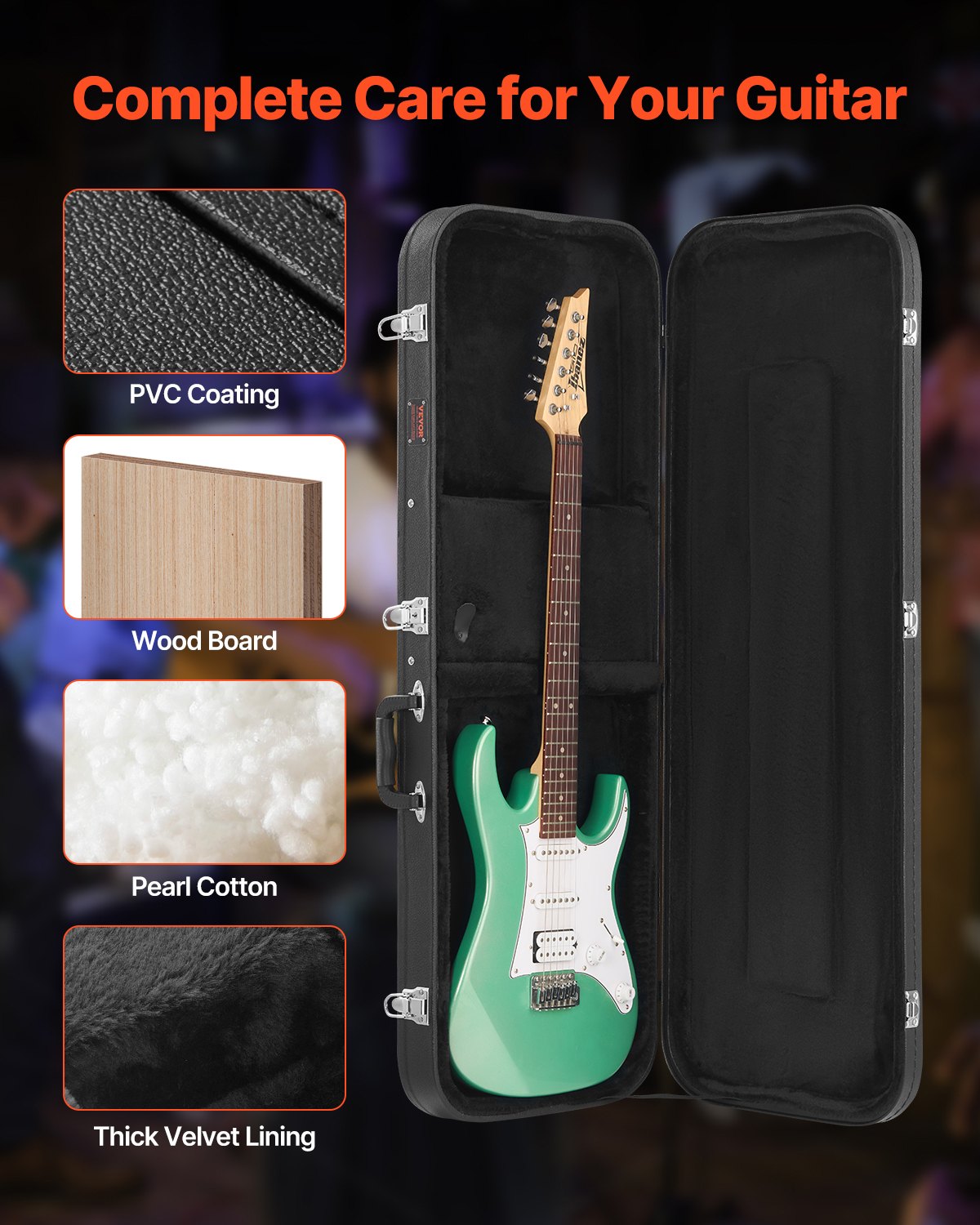 Electric Guitar Hard Case, 43.11 in Rectangular Guitar Hard Case, With Lock Latch Keys Handle, PVC Padding Soft Lining Water-Resistant Hard Shell Guitar Cases, for 39 in Electric Guitars, Black