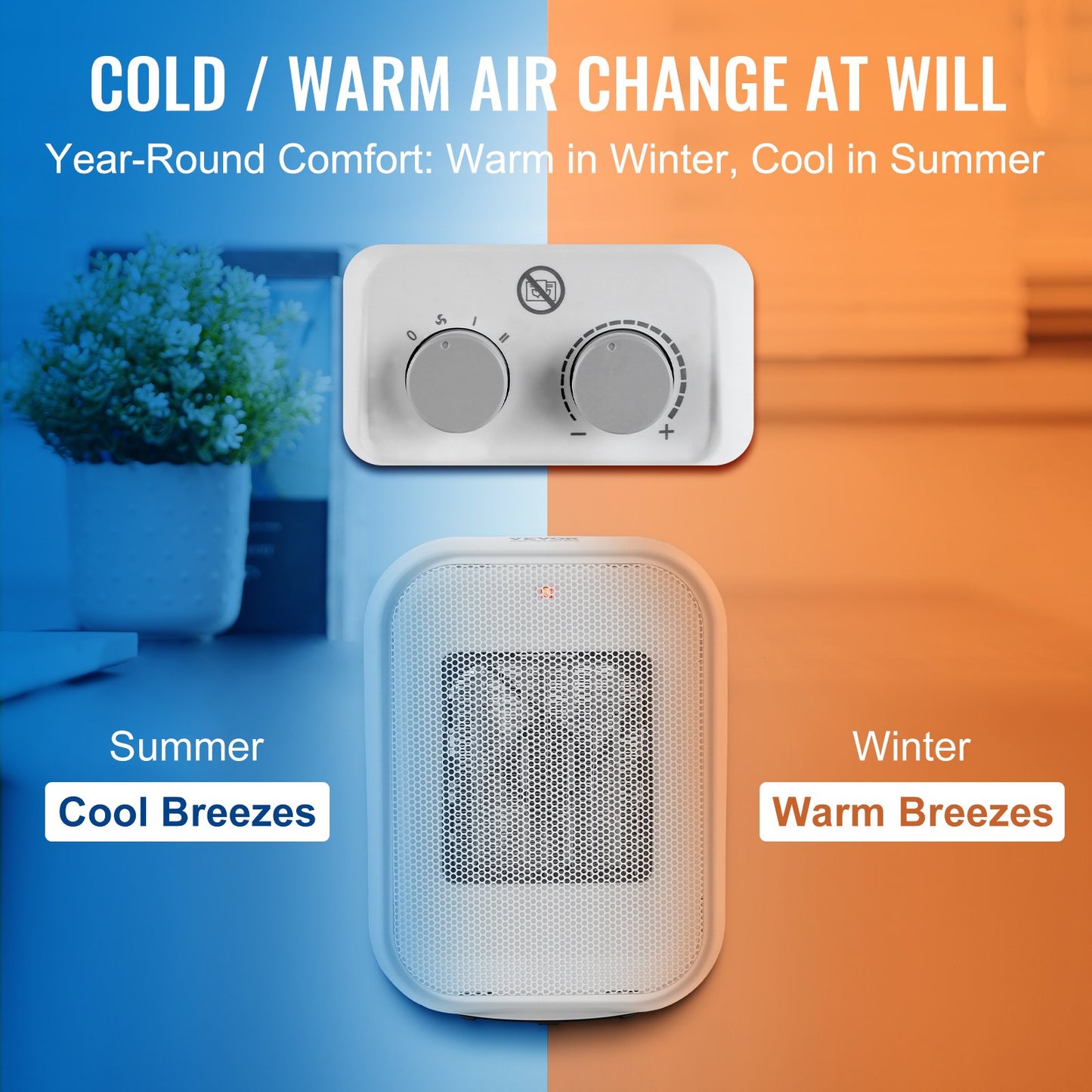 Portable Electric Space Heater with Thermostat, 1000W/1500W 2-Level Adjustable Quiet Ceramic Heater Fan, 9 in Tip-Over Shutdown Flame-Retardant PP Small Heaters for Office Room Desk Indoor Use