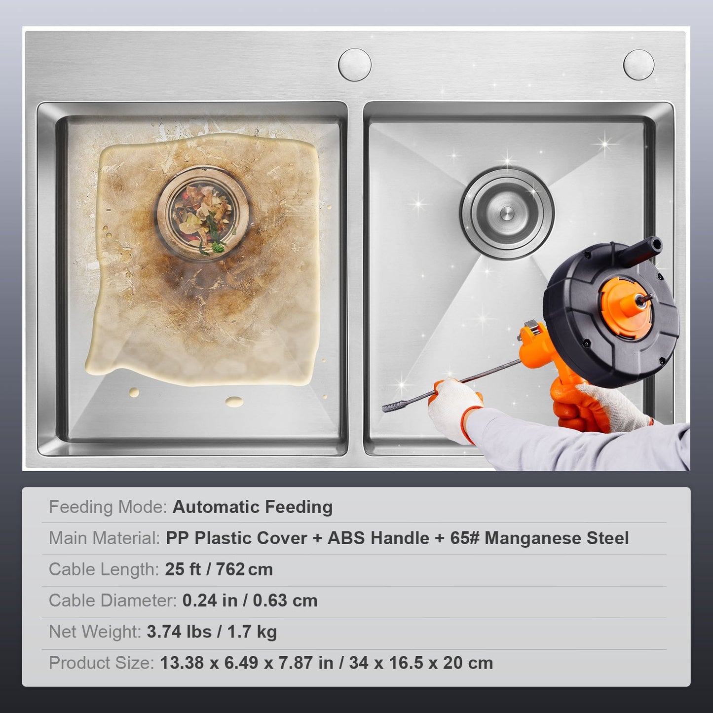 Abflussspirale 25 Fuß, Klempnerspirale mit automatischer Zuführung, Klempnerspirale mit Bohraufsatz, Rohrspirale zur Entfernung von Verstopfungen in Küche, Bad, Dusche, Waschbecken, mit Schutzschlauch und Handschuhen