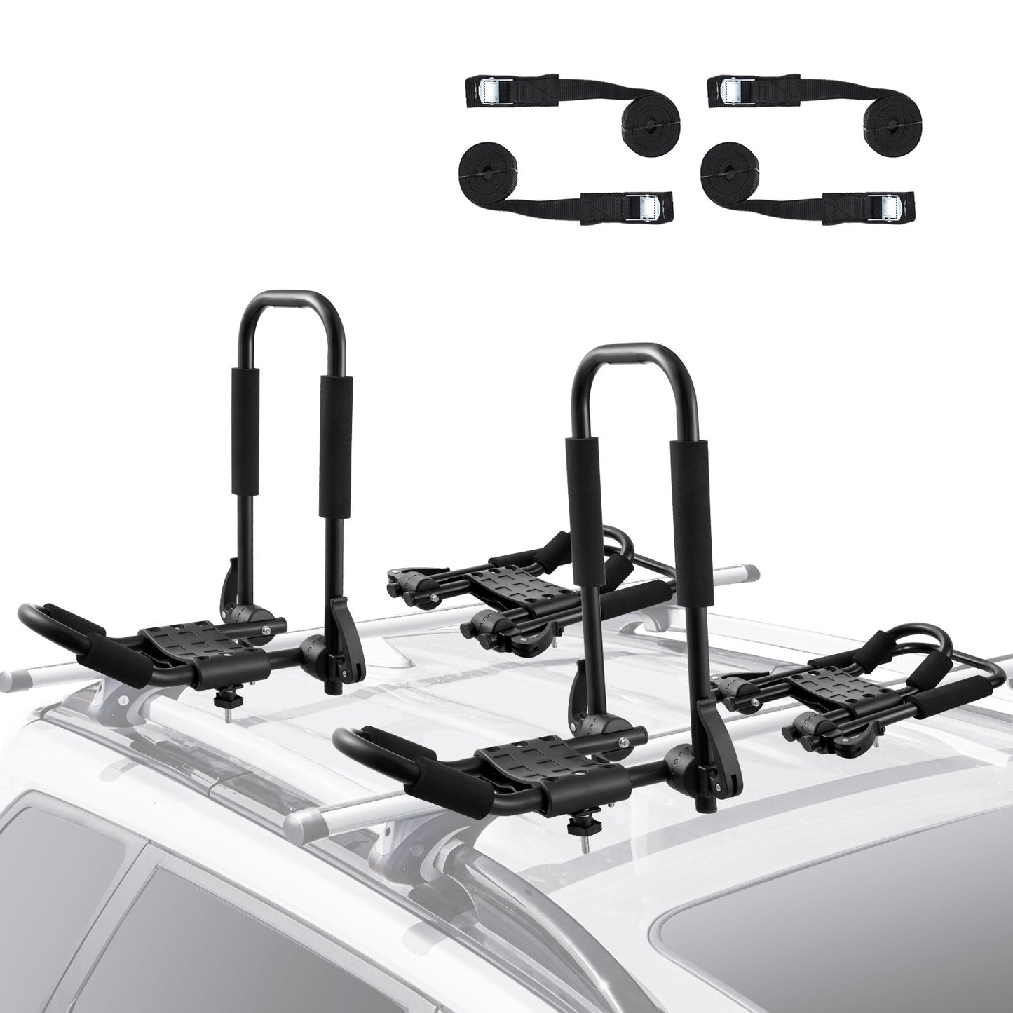 Kayak roof rack 2 pairs J-Bar, soft roof rack quick-folding, top-mounted attachment, carrier for kayak, surfboard, canoe, SUP, ski board, mount on car, SUV, truck, 2 kayaks