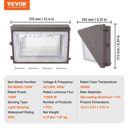 LED Wall Pack Lights, 120W 11000LM, 5000K Commercial Outdoor Lights Security Lighting Fixture, with Intelligent Light Sensing 240 LED beads Energy Saving for Garages Yards, IP65 Waterproof